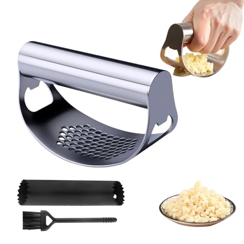 Prensa de ajos de acero inoxidable, herramienta de trituradora de ajo ergonómica resistente con pelador y cepillo para aplastar ajos, abridor de botellas integrado, accesorio de cocina fácil para
