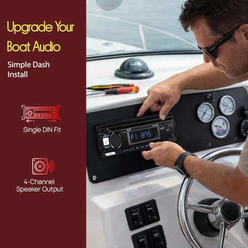 Image of Pyle Marine Radio Stereo Receiver with Bluetooth MP3 Player - Single DIN Boat Audio System, AM /FM Tuner, USB /AUX Input, 30 Preset Stations, Hands-Free Calling, 350 W Power for Marine and Boat Use