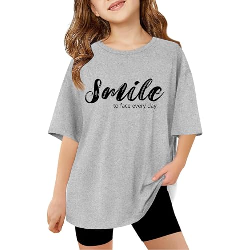Kids T Shirts Girls Short Sleeve Round Neck Age 3-14 Years Cute Oversized Tshirts Teenage Girls Summer Comfy Loose fit Casual Sports Vacation Children Tunic Tops (Grey, 9-10 Years)