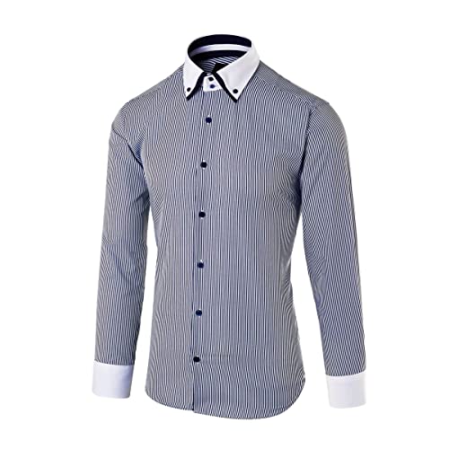 MrDoubleCollar Chemise à rayures fines pour homme au design italien - Col double - Manches longues, Bleu marine., M