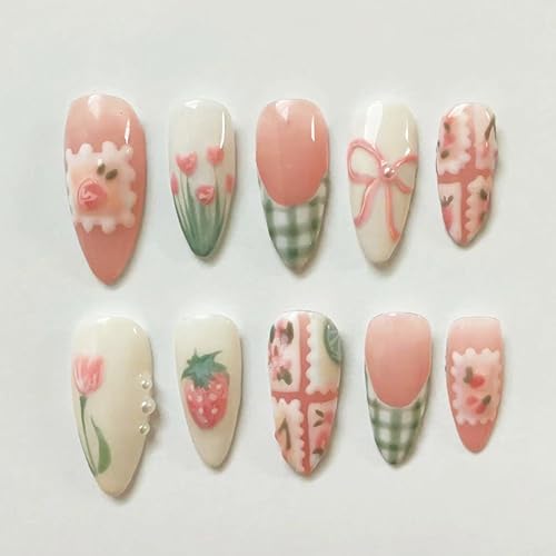 LRKNNO Cute Spring Press on Nails Almond Shape Medium Fake Nails with Small Flower Strawberry Bow Designs Green French Tip Glue on Nails Glossy Pink Acrylic Nails for Women Summer Manicure 30Pcs