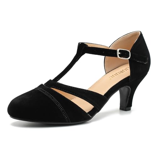 LIURUIJIA Women's T-Strap Mary Jane Pumps - Vintage Low Kitten Heels for Dance, Retro Party, or Cosplay