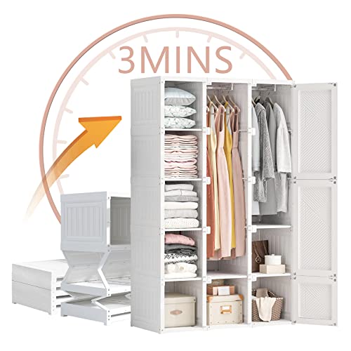 DOREROOM Portable Closet Wardrobe for Clothes, Extra Wide Cubes Portable Wardrobe, White Armoire Wardrobe Closet with Doors (15 Cubes)