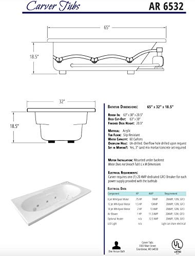 Carver Tubs - Ar6532 - Whirlpool Bathtub W/12 Jet - 65"L X 32"W X 18.5"H - White Spacious Acrylic Tub W/Armrest, Modern #TOP3