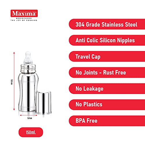 Image of Maxima Amulya Stainless Steel Baby Feeding Bottle (300 ML) - Safe Transition from Infant to Sipper | Nipple Bottles | Milk Drinking Bottle | Travel-Friendly Design | Ideal for Newborns and Toddlers