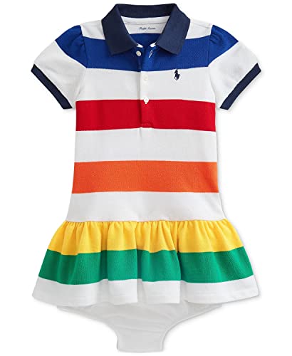 Polo Ralph Lauren Baby Girl Ruffled Polo Dress & Bloomer 2 Piece Set (Rainbow Stripe/White, 3 Months)