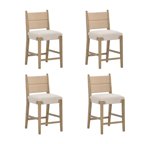 Image of Nathan James Cove Seagrass Counter Stool Wood Upholstered Bar Stool with Natural Flax Cushion and Seagrass Backrest, Light Brown, Set of 4
