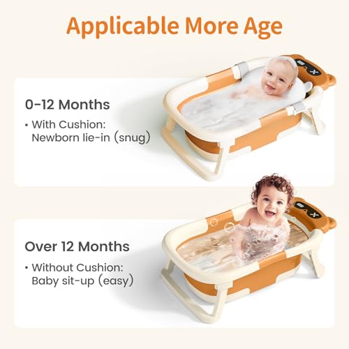 Image of Collapsible Baby Bathtub for Newborn to Toddler (0-18 Months) - Foldable Baby Bath Tub with Soft Towel, Newborn& Infant Bathtub for Travel and Outdoor, Brown