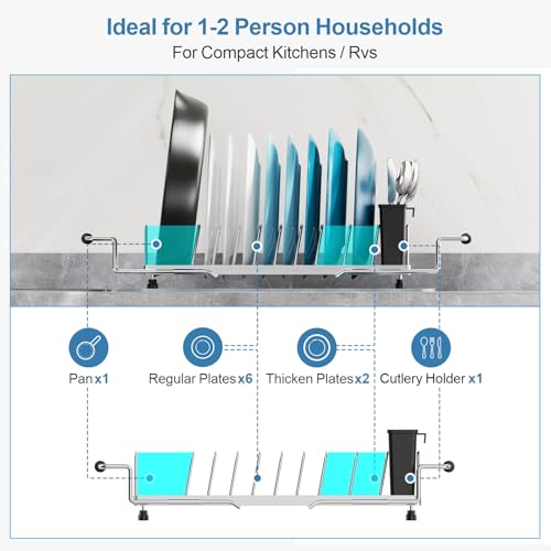 GSlife Small Sink Dish Drying Rack - Stainless Steel in Sink Dish Rack with Silicone Mat, Expandable Kitchen Counter Drainer with Utensil Holder, 13.2\'\'-19.1\" L x 6.5\" W x 4.3\" H, Silver