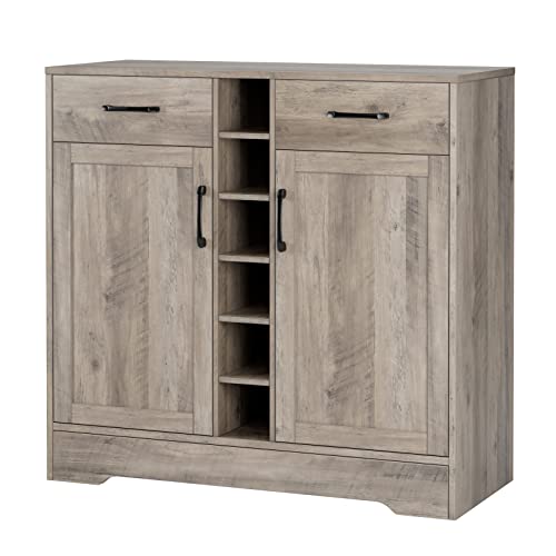 cabinet furniture - HOSTACK Wine Bar Cabinet for Liquor and Glasses, Coffee Bar Cabinet with Drawers and 6-Bottle Wine Rack, Buffet Sideboard Cupboard for Dining Room, Living Room, Grey