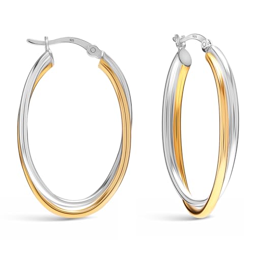 Image of TRUESILVER ACPL 925 Sterling Silver Hoop Earrings for Women | BIS Hallmarked Two-Tone & Three-Tone Intertwined Hoop Earrings | Oval & Round Lightweight Jewelry