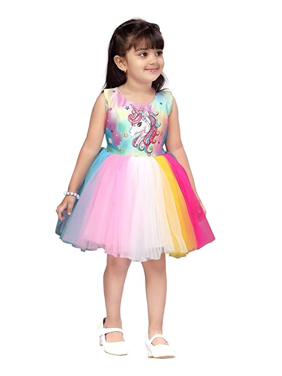 Image of Unicorn Printed Multicolors Frock in Net for Girls Kids-