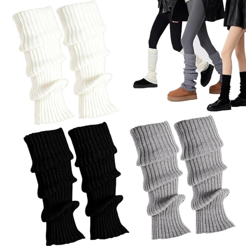 AEMCHDM 3 Paar Stulpen Damen 3 Farben Legwarmers Warme Beinstulpen Strick 40cm Wadenwärmer Beinwärmer Für Winter Frühling Und Herbst Ballett Stulpen Mädchen(Weiß/Schwarz/Grau)