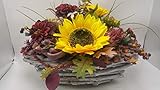 Seidenblumengesteck Herbstgesteck Sonnenblumen Dahlien Beeren Laub gelb rot