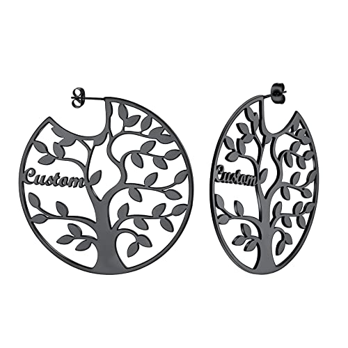 Custom4U Name Hoop Earrings Personalized Custom Tree of Life 1-8 Nameplate Big Drop Earrings Gold Plated/Black/Stainless Steel Customized Memorial Jewelry Gifts for Women Mother Grandma (Gif