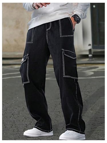 Men's Wide Leg Cargo Pants Flap Pocket Elastic Waist Casual Trousers Streetwear4