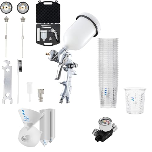 BenBow Lackierpistole Set PK60 HVLP 1,4 mm + 1,8 mm Düse + 600 ml Lackbehälter + Koffer + Druckminderer 9,6 BAR + Lacksieb 190µ x 50 Stück + Profi-Messbecher 25x 680ml