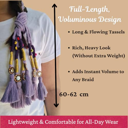 Image of Zippy Flora Handmade Boho Parandi / Paranda Traditional Hair Accessory for Women & Girls | Ethnic Braided Hair Tassels, Choti Hair Extension, Decorative Braid Jewelry for Festive & Wedding Hairstyles (Neelima Lavender)