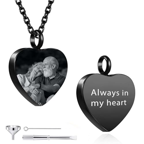 Custom Urn Necklaces for Ashes of Loved One, Personalized Ashes Necklace for Women Men Pet, Engraving Memory Necklaces for Loss Loved Ones with Photo & Text, Cremation Jewelry with Tool Set