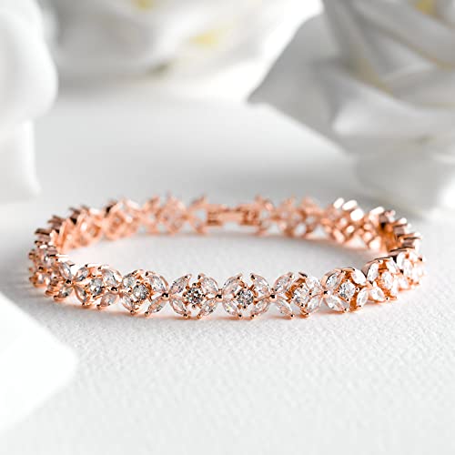 Sweetv Rose Gold Cubic Zirconia Wedding Bracelets For Brides, Crystal Elegant Tennis Bracelet For Women Bridal Prom Jewelry #TOP3