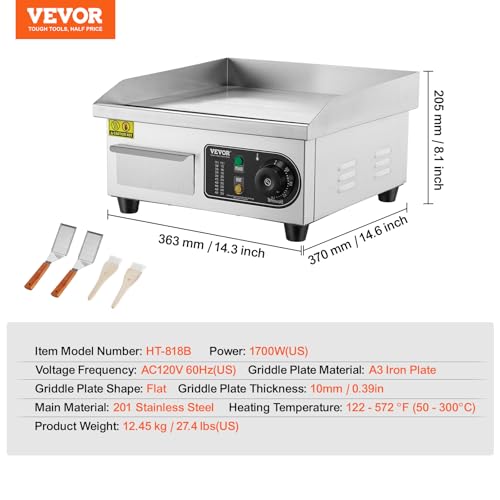 Image of VEVOR Commercial Electric Griddle, 1700W Countertop Flat Top Grill, 14in Stainless Steel Griddle Grill with 2 Shovels and 2 Brushes for Home or Restaurant, 122℉-572 ℉ Adjustable Temp