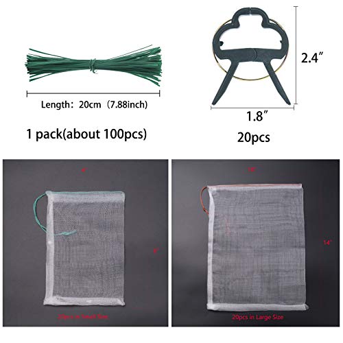 Vianyer 40PCS Netting Bags Fruits Protect Nylon Mesh Barrier Bags 20PCS Plant Support Clips 1 Pack Plant Twist Tie for Garden Vegetable Flower Vine Tomato Grape Figs Cucumber Zucchini Lily Hydrangeas