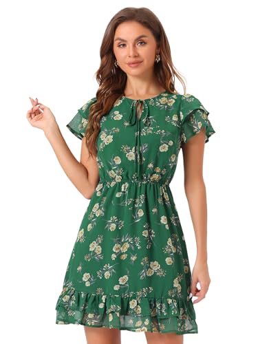 Allegra K Women's Ruffle Sleeve Self-Tie V Neck Ruffled A-Line Floral Chiffon Dress Medium Dark Green