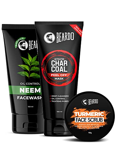 Beardo Neem Facewash for Men (100ml), Activated Charcoal Peel Off Mask (100g), Turmeric Clay Mask for Men (50g)