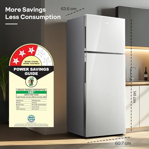 Image of Godrej 223 L 3 Star, with 5 Years Comprehensive Warranty, 6-In-1 Freezer Convertible, 30 Days Farm Freshness, Inverter Double Door Refrigerator (RF EON 244CN RCIF ST RH, Steel Rush)
