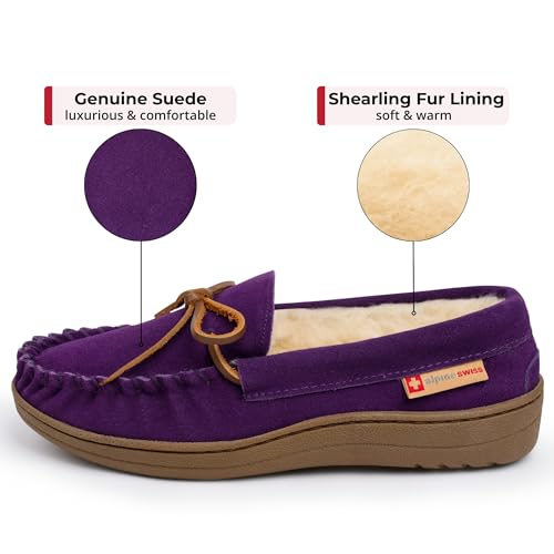 Image of Alpine Swiss Sabine Womens Moccasin Slippers Genuine Suede House Shoe Memory Foam Insole Plush Faux Shearling Fur Indoor Outdoor Anti-Slip Rubber Sole