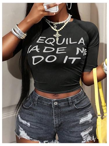Image of RoseSeek Women's Sheer Mesh Letter Graphic Tees Short Sleeve Crew Neck Y2K Vintage Summer Going Out Crop Tops
