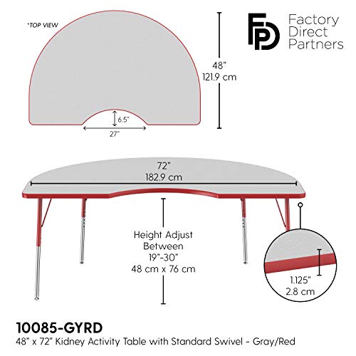 Image of FDP Kidney Activity School and Office Table (48 x 72 inch), Standard Legs with Swivel Glides for Collaborative Seating Environments, Adjustable Height 19-30 inches - Gray Top and Red Edge