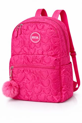 Mochila Juvenil e Adulto 18L em Poliéster Leve e Resistente, Design Matelassê com Coração, 2 Bolsos Externos, com Chaveiro Decorativo Branco, Lilás, Rosa Bebê e Rosa Pink (Rosa Pink)