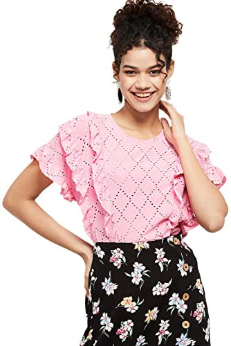 Image of Max Women Schiffli Detail Round Neck Ruffled Regular Fit Top