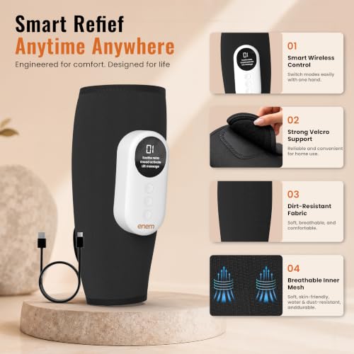 Image of enem Leg Massager for Pain Relief, Leg Massager, With 3 Massage Modes, 3 Intensity Levels & 3 Heating Modes, Calf Massager, With 1 Year Warranty, With Adjustable Leg Wraps for Muscle Relaxation, Pack of 2, Black