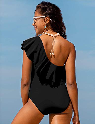 Hilor Women's Slimming One Piece Swimsuits Swimwear Ruffled Asymmetric One Shoulder Bathing Suits3