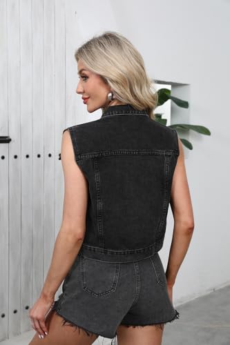 DvaeMalligo Women's Cropped Denim Vest Top Button Down Sleeveless Jean Jacket Waistcoat Gilet with Pockets3