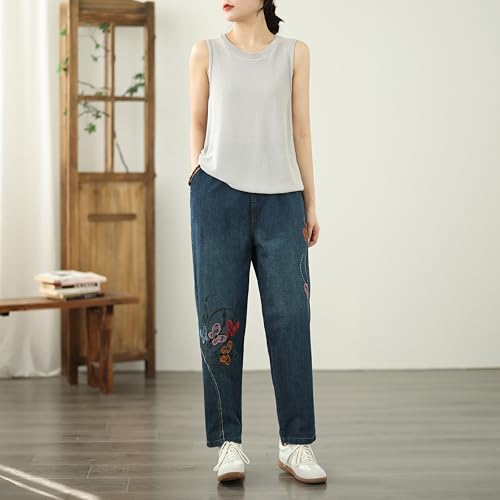 LAI MENG FIVE CATS Women's Elastic Waist Stretch Baggy Jeans Embroidery Denim Pants with Pocket2