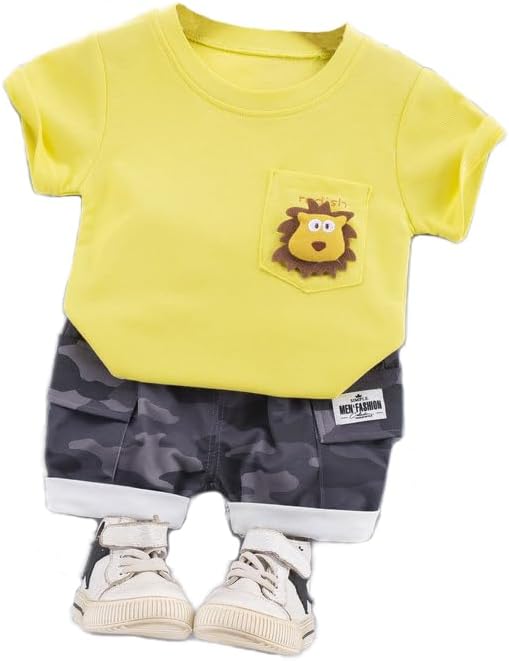 Bold N Elegant Unisex Kids Cotton Printed Furious Cartoon Lion 3D Soft Plush Patch Attach Half Sleeve Tshirt with Camouflage Shorts Knicker Summer Clothes Dress