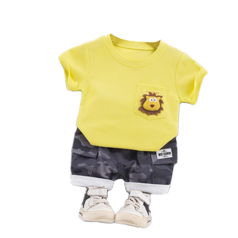 Bold N Elegant Unisex Kids Cotton Printed Furious Cartoon Lion 3D Soft Plush Patch Attach Half Sleeve Tshirt with Camouflage Shorts Knicker Summer Clothes Dress