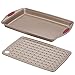 Rachael Ray Cucina Nonstick Bakeware Set with Grips, Nonstick Cookie Sheet / Baking Sheet with Crisper Pan - 2 Piece, Latte Brown with Cranberry Red Handle Grips