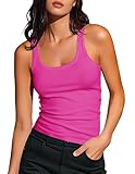 Artfish Women's Sleeveless Cotton Fitted Tank Top Form Fitting Scoop Neck Ribbed Knit Basic Cami Shirts (Neon Hot Pink, L)