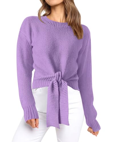Okiwam Womens Sweater Long Sleeve Crew Neck Tie Front Crop Tops,Purple,L - image 1