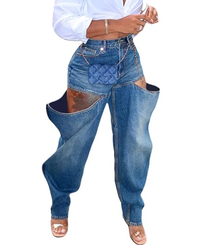 xxxiticat Women's Cutout Slit Jeans High Waisted Loose Fit Boyfriend Style Patchwork Hollow Out Blue Baggy Denim Trousers