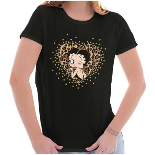 Betty Boop Cheetah Print Heart Womens Slim Fit Graphic Tee Black