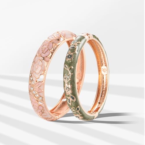 UJOY Vintage Cloisonne Jewelry Handcrafted Bracelets Gorgeous Enameled Flower Gold Plated Cuff Bangles Gifts 88A2