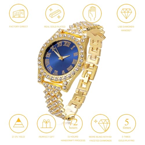 Image of Halukakah Diamonds Gold Watch Iced Out, Kid's 18K Real Gold /Platinum White Gold Plated 36MM Width Green /Blue /Red Dial Quartz Wristband 8 inch with Cuban Link Chain 7 inch+16 inch Bracelet, Free Giftbox