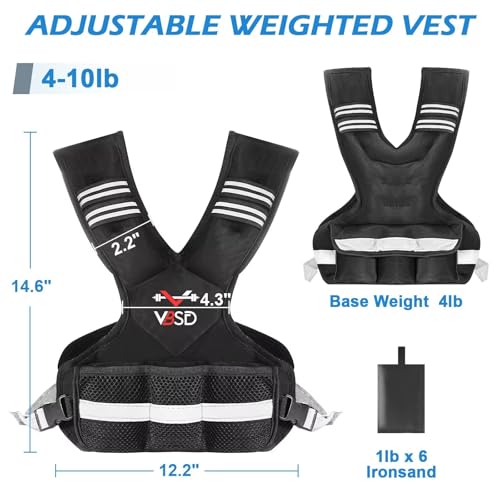 VBSD Adjustable Weighted Vest for Men Women, 4-10lb Vest with 6 Ironsand Weights, Body Weight Vest with Reflective Strip for Running, Walking, Strength Training, Workouts