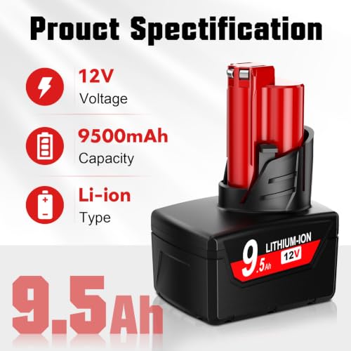 Image of 2Pack 9.5Ah Replacement for Milwaukee M12 Battery with LCD Display Compatible with Milwaukee 12V Battery 48-11-2401 48-11-2402 48-11-2411 48-11-2420 Cordless Power Tools
