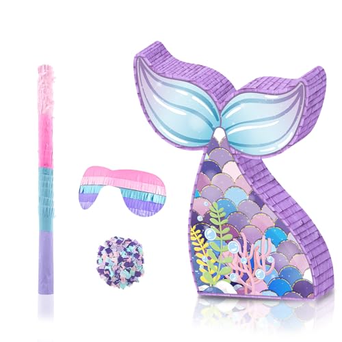 Pinata SirèNe, DéCorations SirèNe PiñAta De Jeu De FêTe D'Anniversaire Avec BâTon De Pinata Und Masque Pour Les Yeux, DéCorations De FêTe Sur Le ThèMe Des SirèNes Pour GarçOns Et Filles(31.5*7.5*41cm)